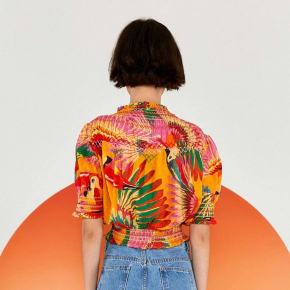 NWOT Farm Rio | Orange Colorful Toucans Embroidered Blouse - Picture 2 of 5